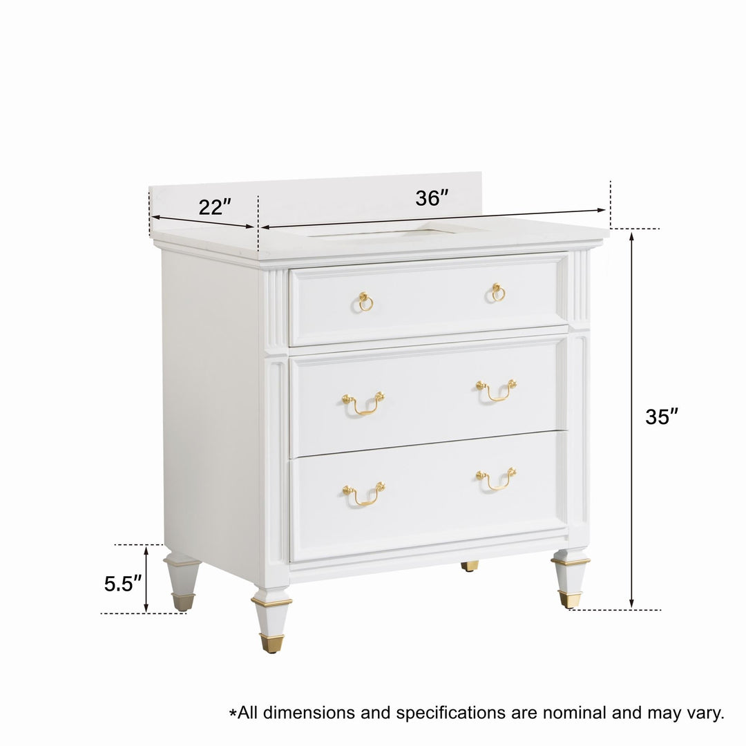 36" White Single Sink Freestanding Solid Wood Bathroom Vanity Storage Organizer with Carrara White Quartz Countertop