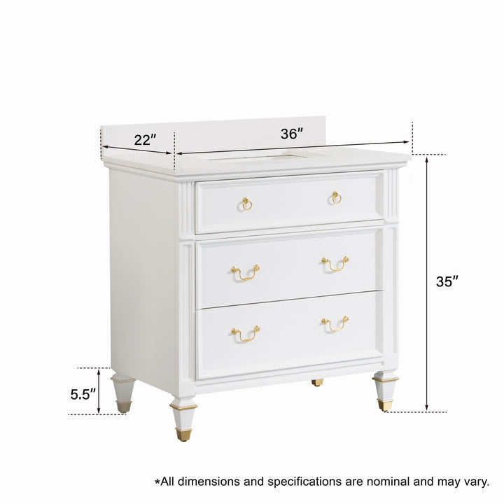 36" White Single Sink Freestanding Solid Wood Bathroom Vanity Storage Organizer with Carrara White Quartz Countertop