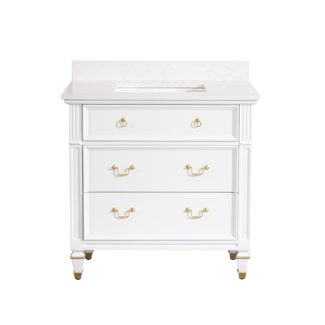 36" White Single Sink Freestanding Solid Wood Bathroom Vanity Storage Organizer with Carrara White Quartz Countertop
