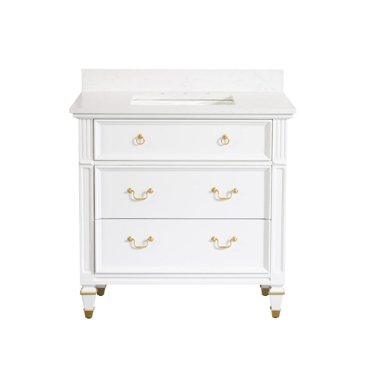 36" White Single Sink Freestanding Solid Wood Bathroom Vanity Storage Organizer with Carrara White Quartz Countertop