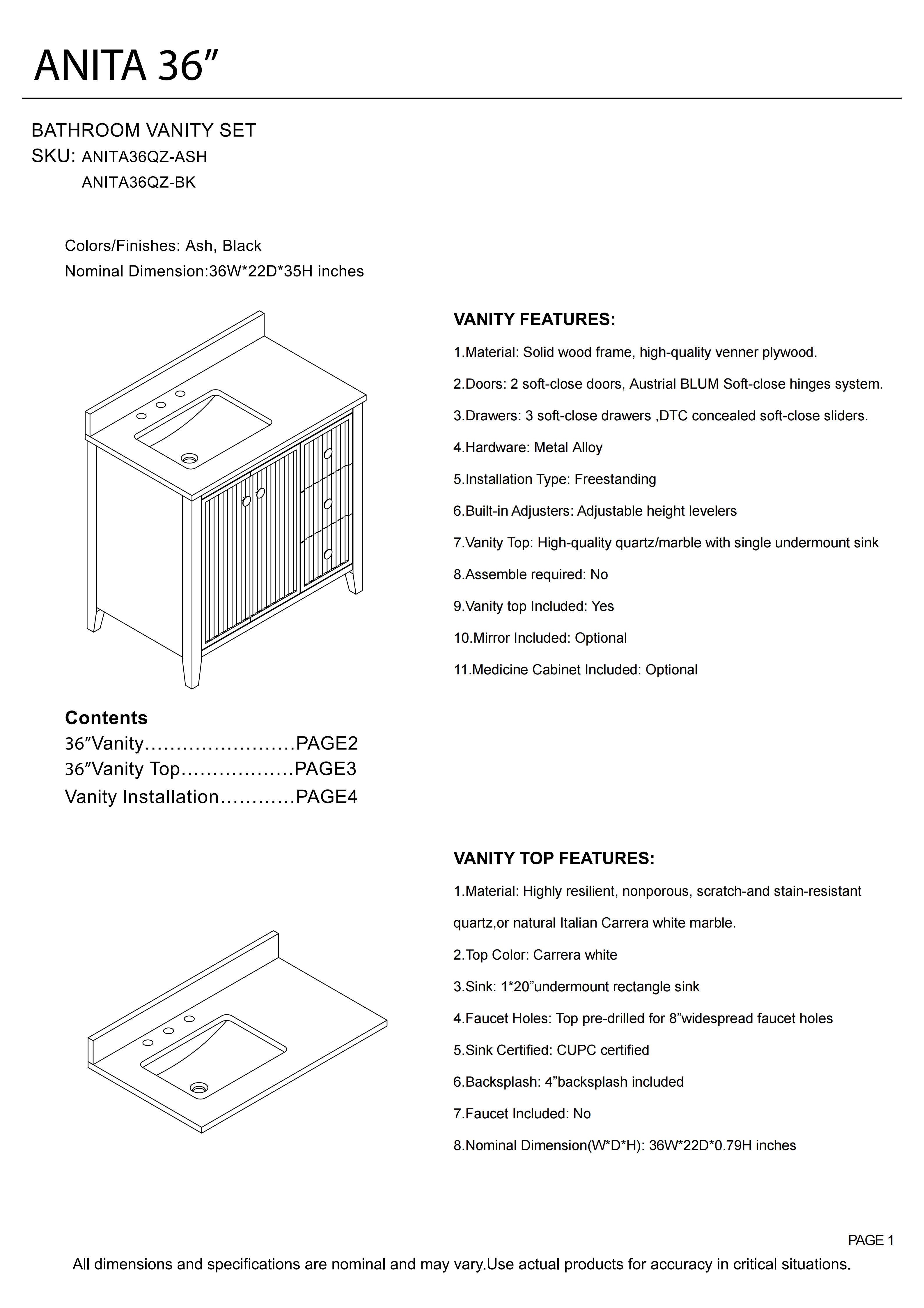 36" ASH Bathroom Vanity with Single Undermount Sink, 3 Dovetail-constructed Drawers, 2 Soft-Closing Doors