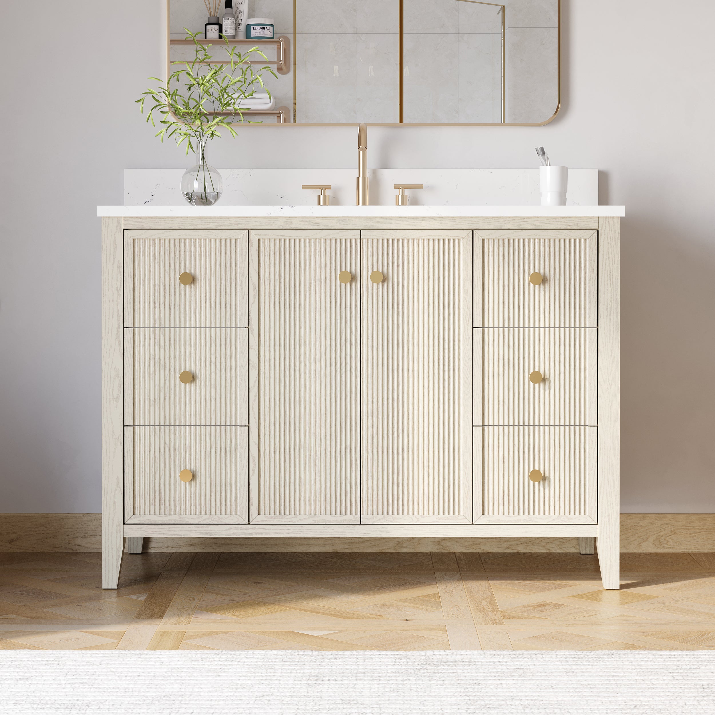48" ASH Bathroom Vanity with Single Undermount Sink, 6 Dovetail-constructed Drawers, 2 Soft-Closing Doors