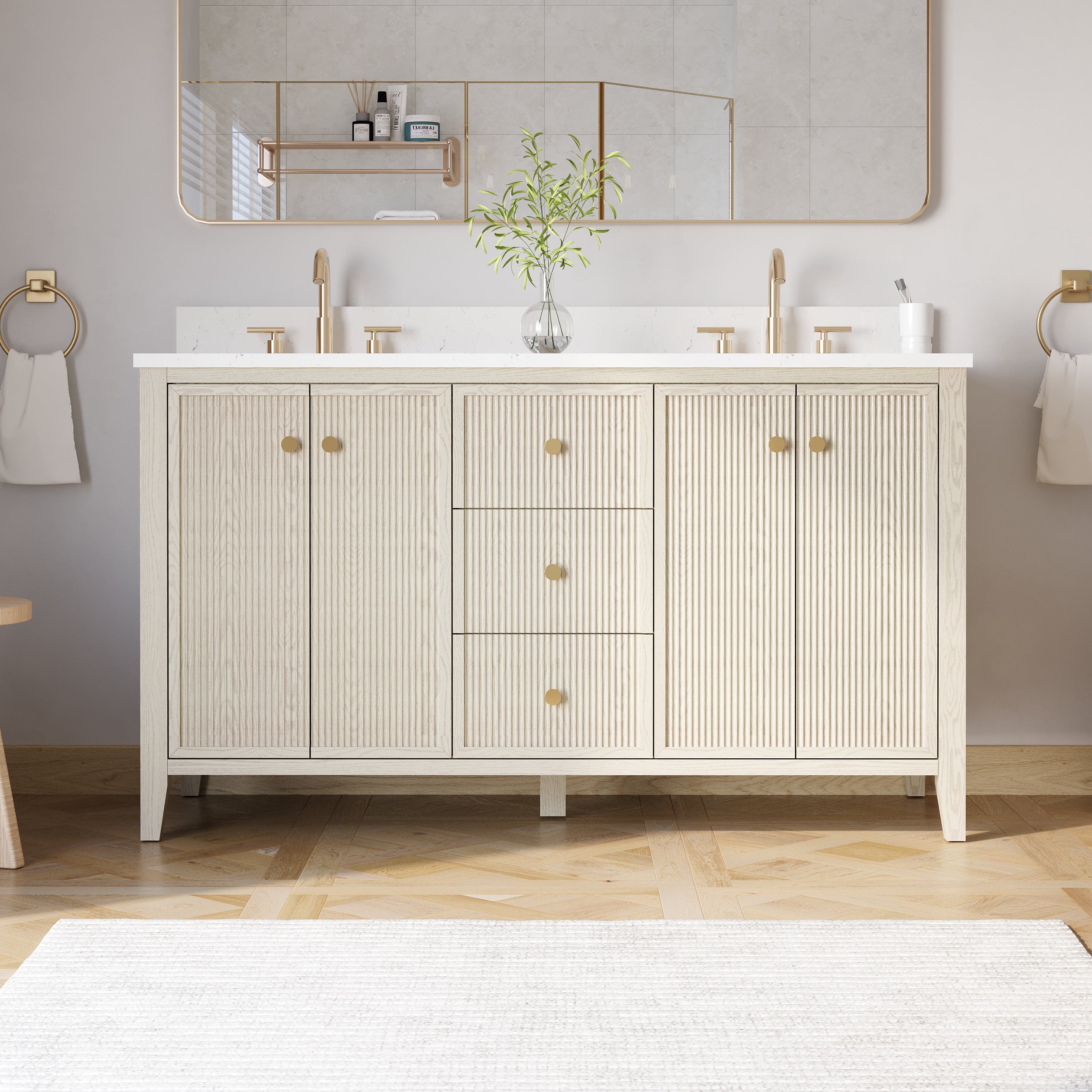 60" ASH Bathroom Vanity with Double Undermount Sinks with 3 Dovetail-constructed Drawers, 4 Soft-Closing Doors