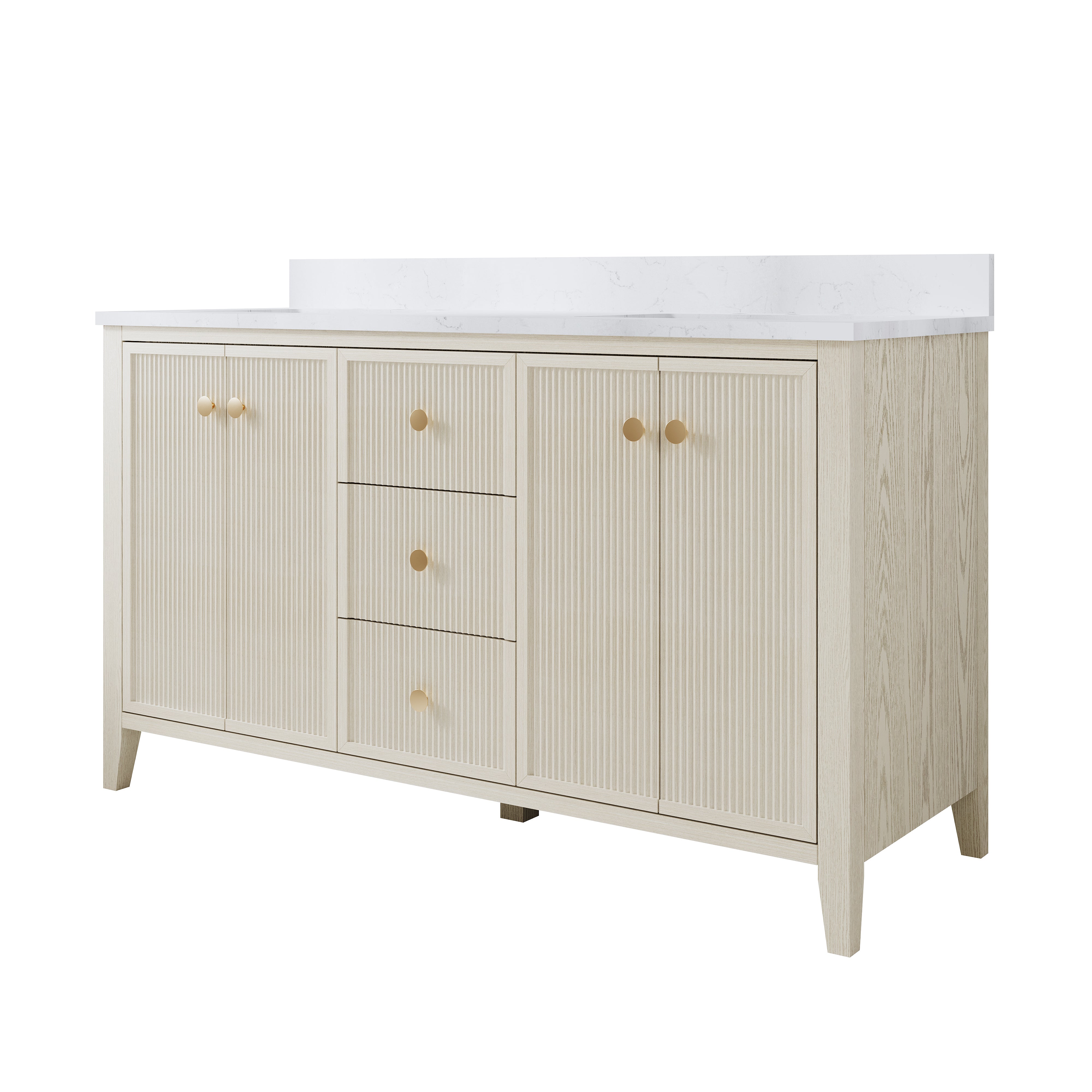 60" ASH Bathroom Vanity with Double Undermount Sinks with 3 Dovetail-constructed Drawers, 4 Soft-Closing Doors