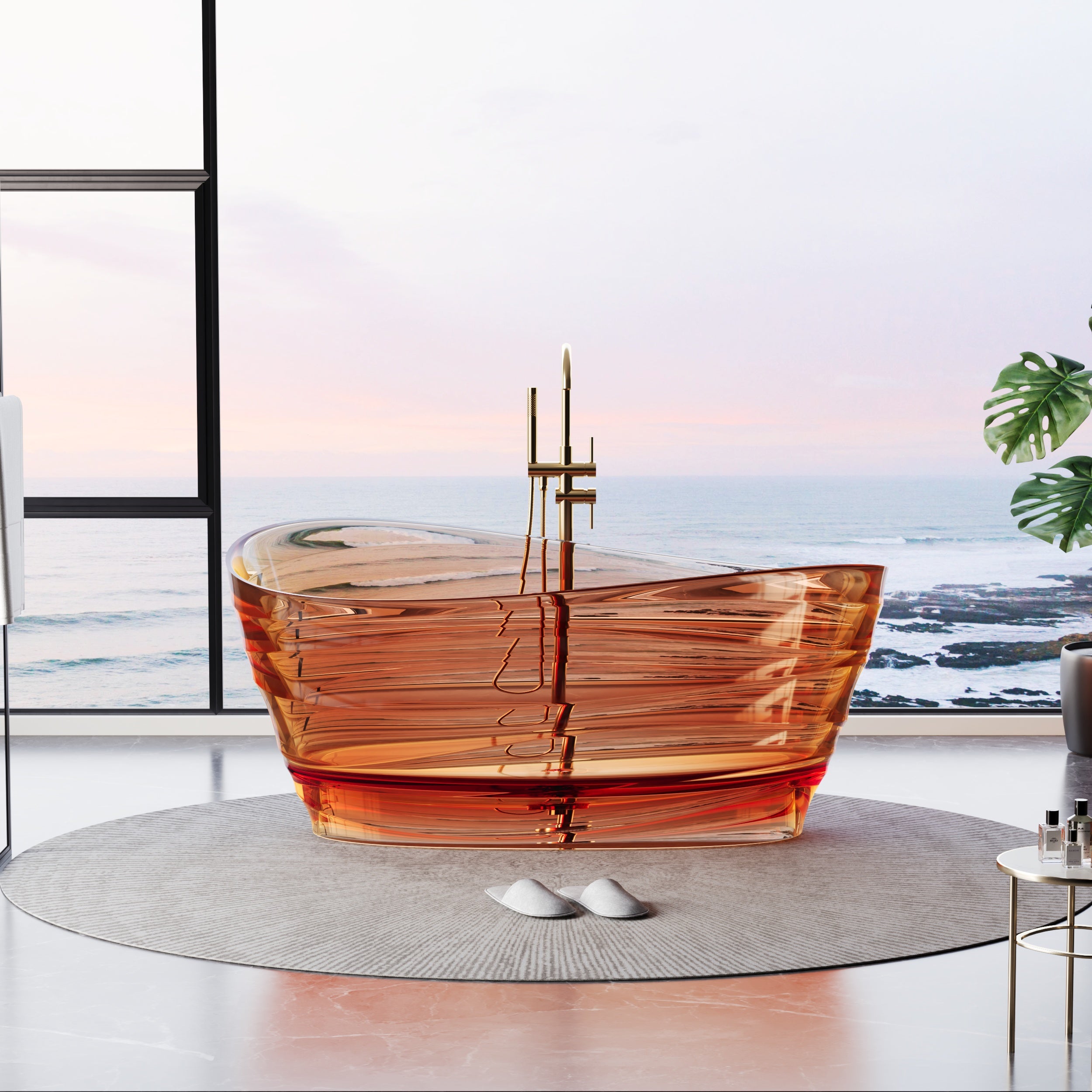62" Pure Resin Transparent Freestanding Bathtub with Drain, Transparent Champagne