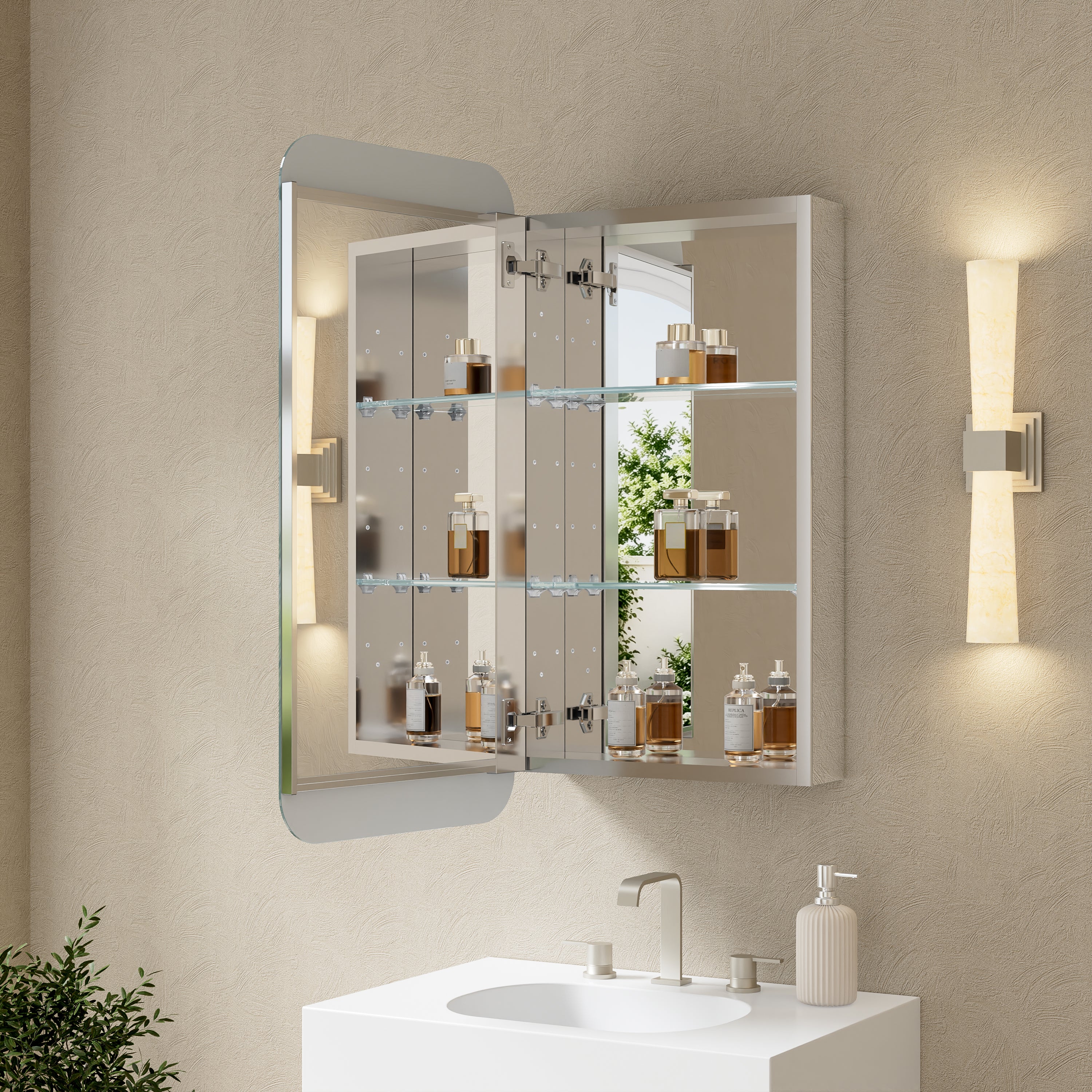 16 in. × 32 in. Aluminum Mirror Medicine Cabinet with Reversible Door Swing, Recessed or Surface Mount, Adjustable Shelves