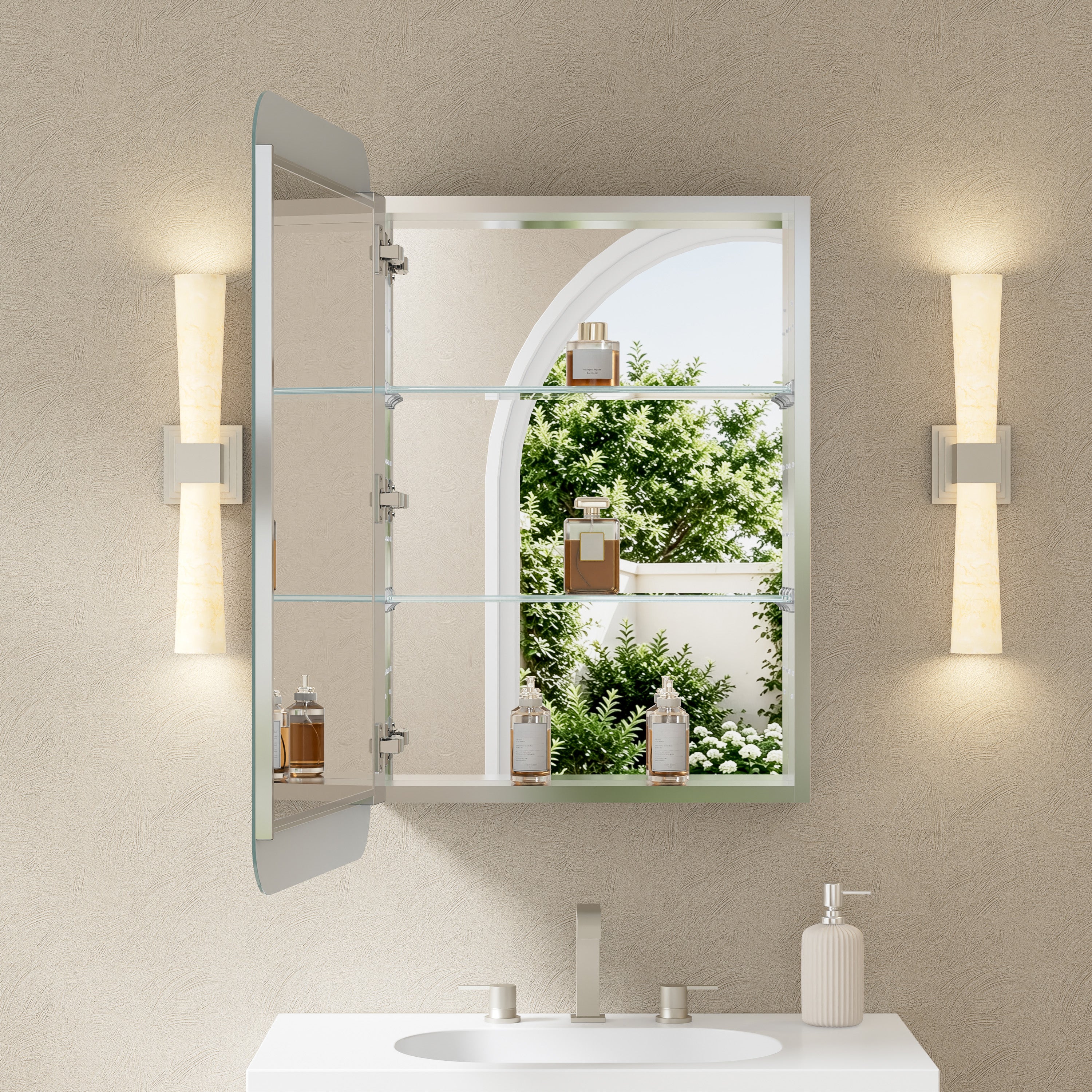 20 in. × 32 in. Aluminum Mirror Medicine Cabinet with Reversible Door Swing, Recessed or Surface Mount, Adjustable Shelves