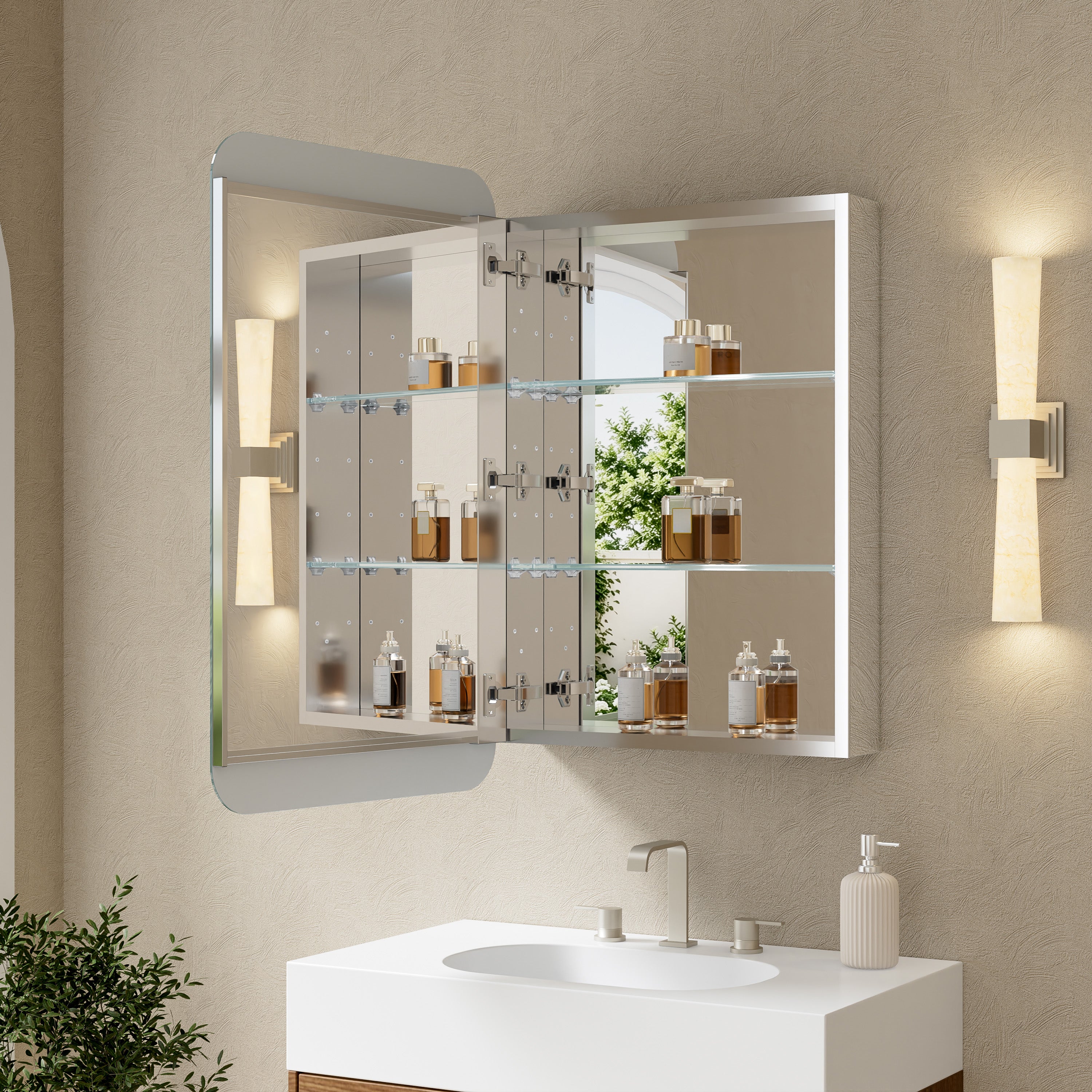20 in. × 32 in. Aluminum Mirror Medicine Cabinet with Reversible Door Swing, Recessed or Surface Mount, Adjustable Shelves