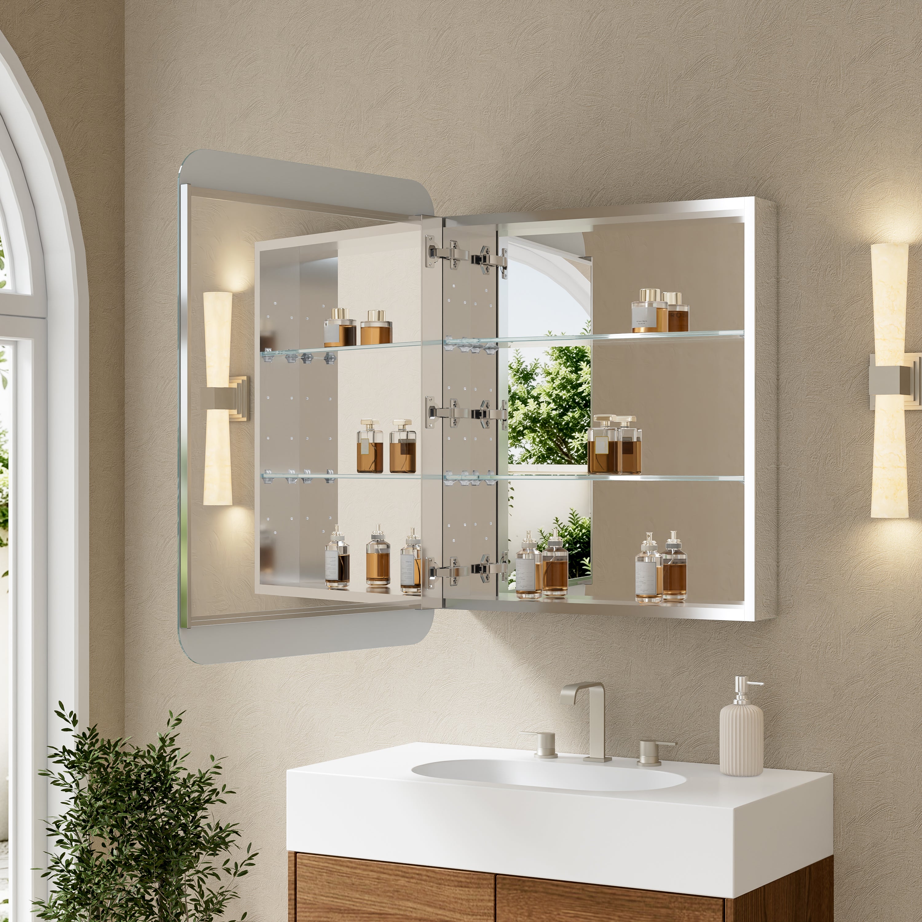 24 in. × 32 in. Aluminum Mirror Medicine Cabinet with Reversible Door Swing, Recessed or Surface Mount, Adjustable Shelves