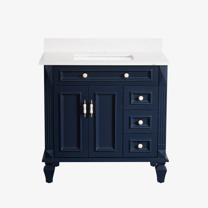 36" Navy Blue Freestanding Solid Wood Bathroom Vanity Storage Organizer with Carrara White Quartz Countertop