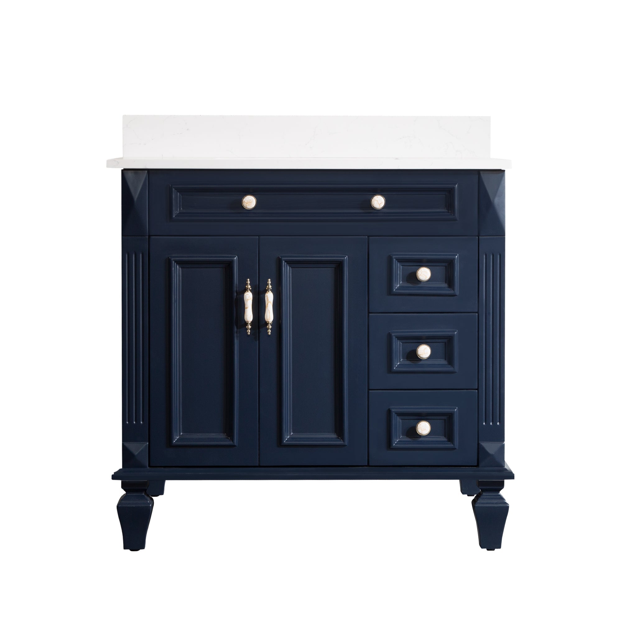 36 in. Navy Blue Freestanding Solid Wood Bathroom Vanity Storage Organizer with Carrara White Quartz Countertop