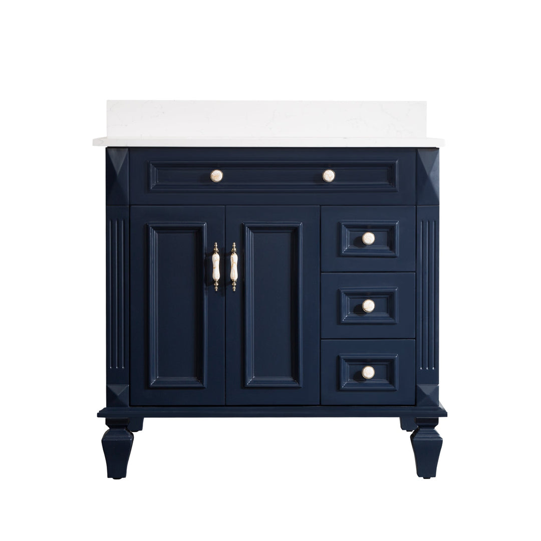 36 in. Navy Blue Freestanding Solid Wood Bathroom Vanity Storage Organizer with Carrara White Quartz Countertop