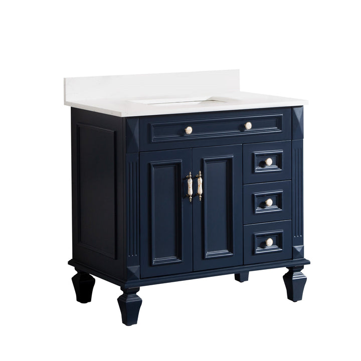36" Navy Blue Freestanding Solid Wood Bathroom Vanity Storage Organizer with Carrara White Quartz Countertop