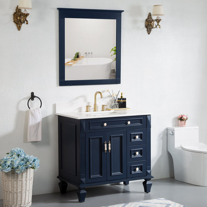 36" Navy Blue Freestanding Solid Wood Bathroom Vanity Storage Organizer with Carrara White Quartz Countertop