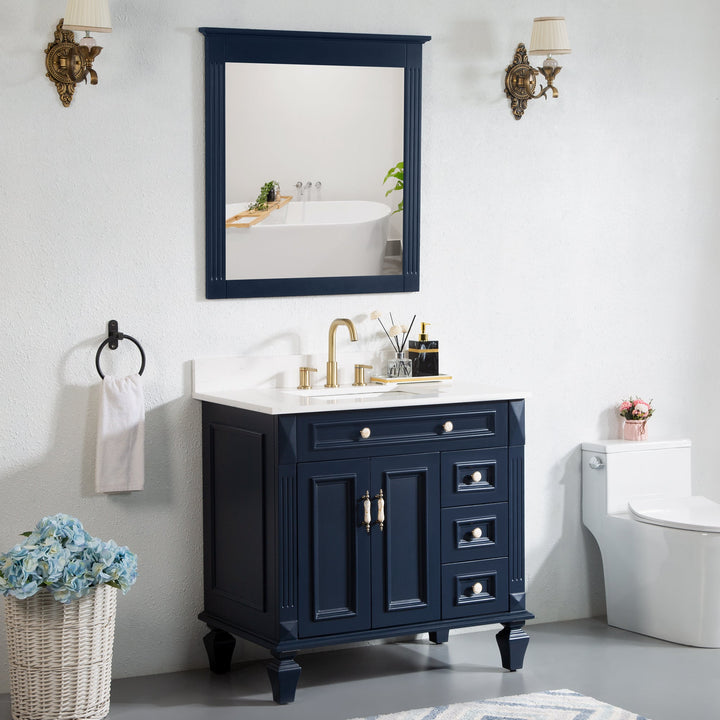 36 in. Navy Blue Freestanding Solid Wood Bathroom Vanity Storage Organizer with Carrara White Quartz Countertop