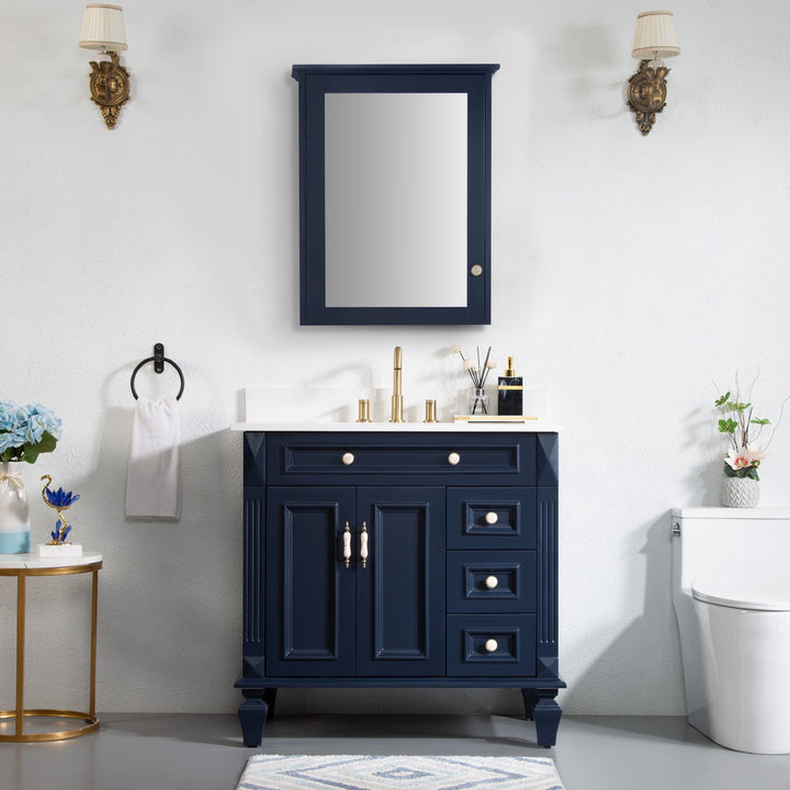36" Navy Blue Freestanding Solid Wood Bathroom Vanity Storage Organizer with Carrara White Quartz Countertop
