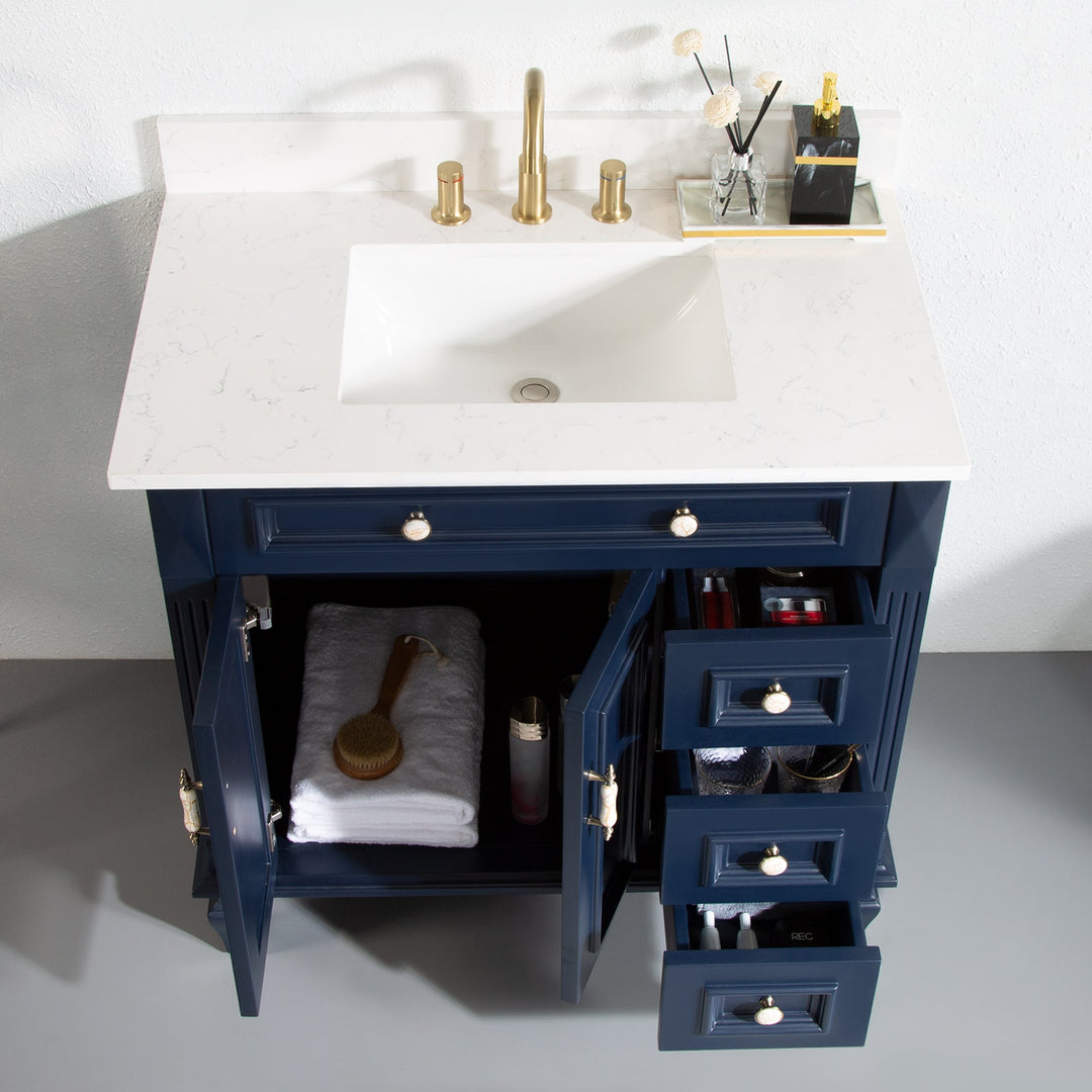 36" Navy Blue Freestanding Solid Wood Bathroom Vanity Storage Organizer with Carrara White Quartz Countertop