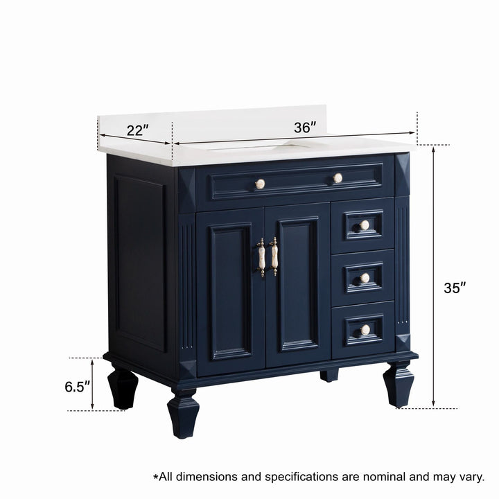 36" Navy Blue Freestanding Solid Wood Bathroom Vanity Storage Organizer with Carrara White Quartz Countertop