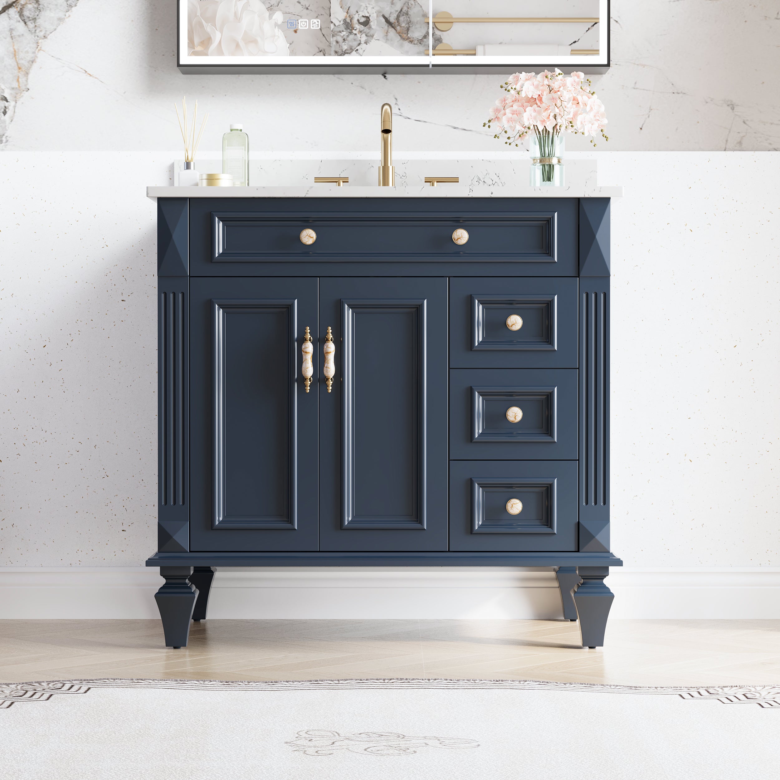 36" Navy Blue Solid Wood Bathroom Vanity & 36" LED Mirror Medicine Cabinet Combo