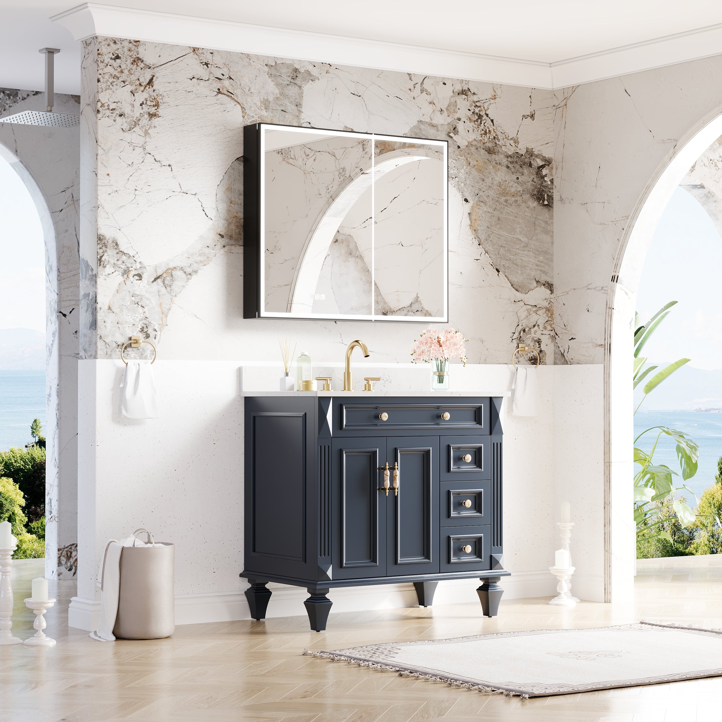 36" Navy Blue Solid Wood Bathroom Vanity & 36" LED Mirror Medicine Cabinet Combo