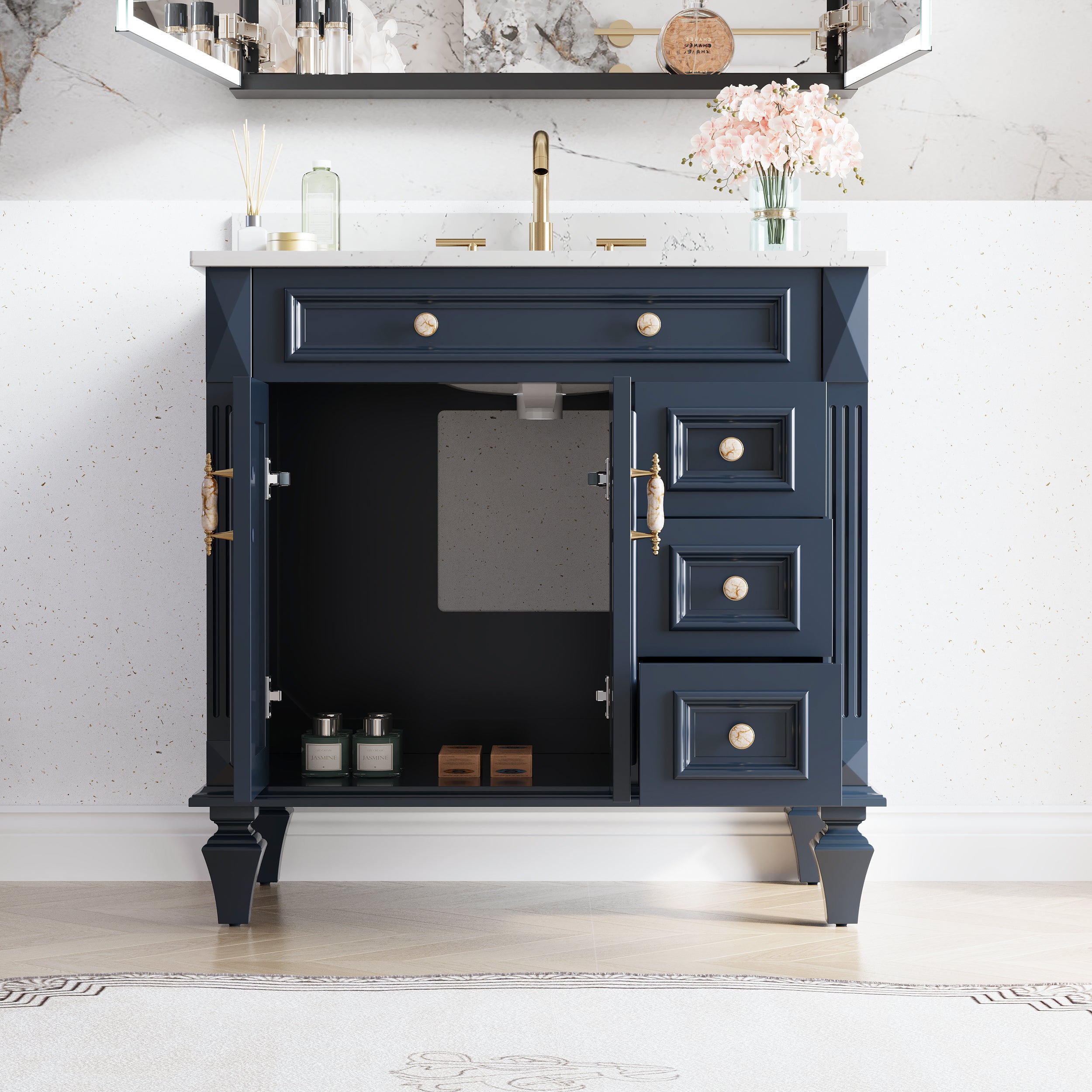 36" Navy Blue Solid Wood Bathroom Vanity & 36" LED Mirror Medicine Cabinet Combo