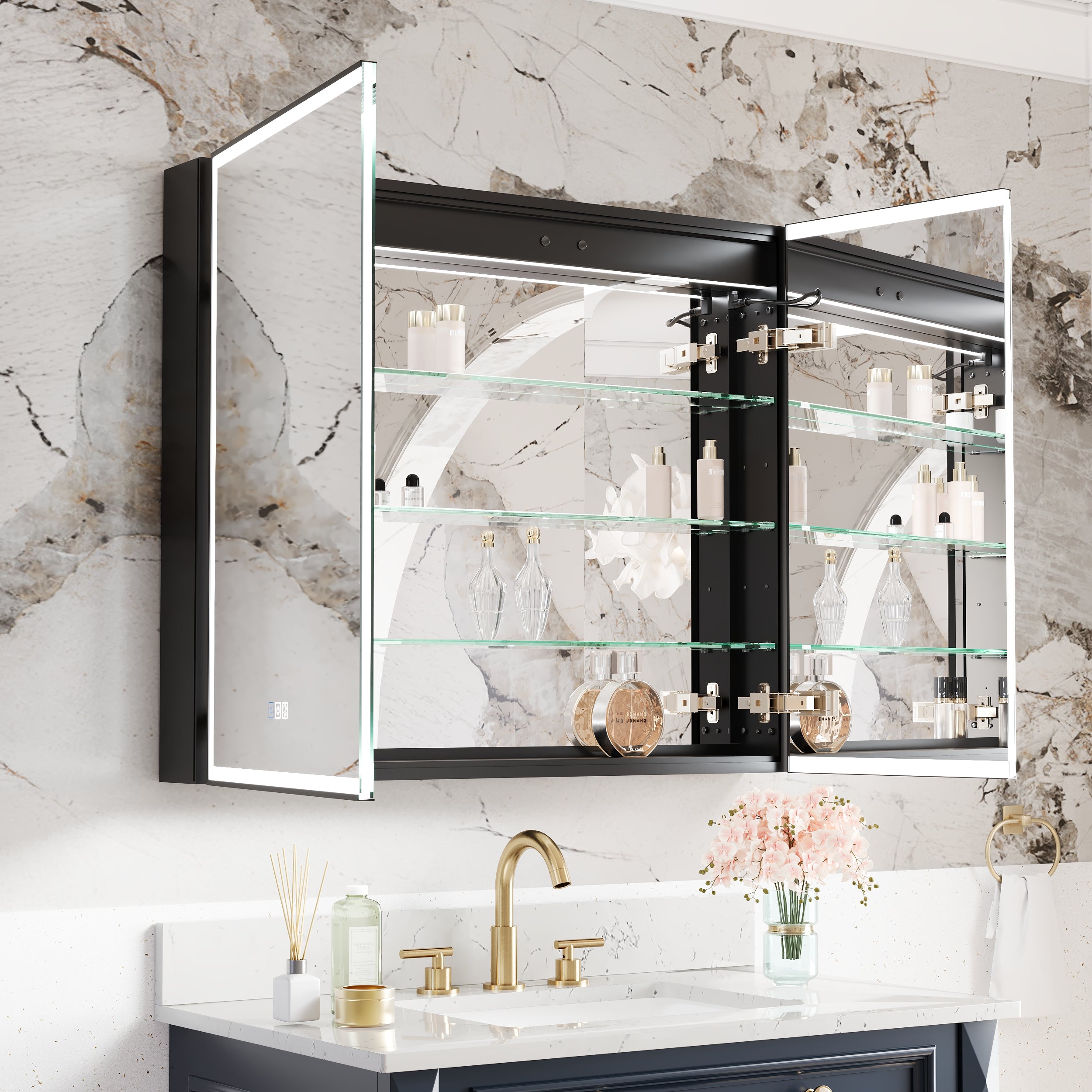 36" Navy Blue Solid Wood Bathroom Vanity & 36" LED Mirror Medicine Cabinet Combo
