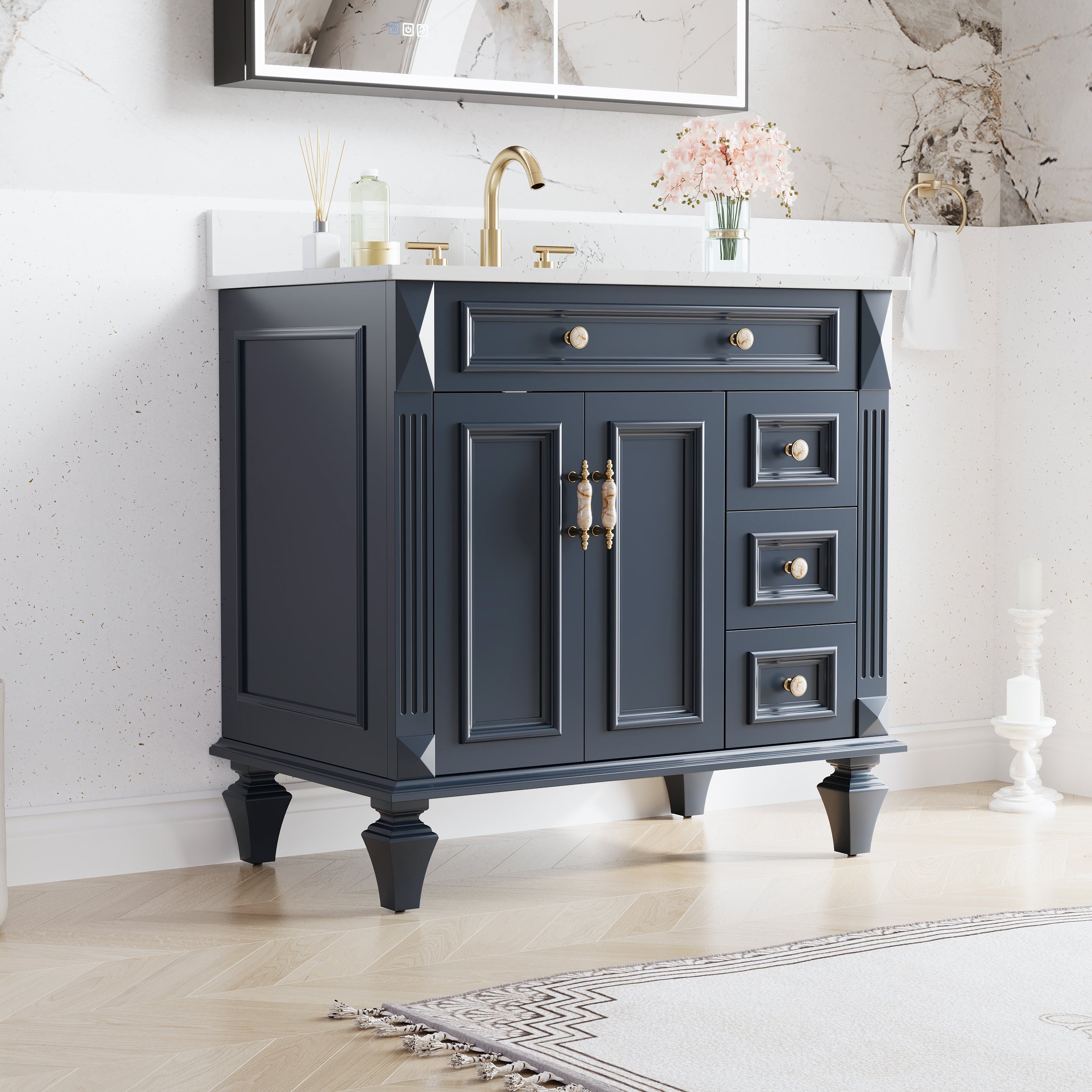 36" Navy Blue Solid Wood Bathroom Vanity & 36" LED Mirror Medicine Cabinet Combo