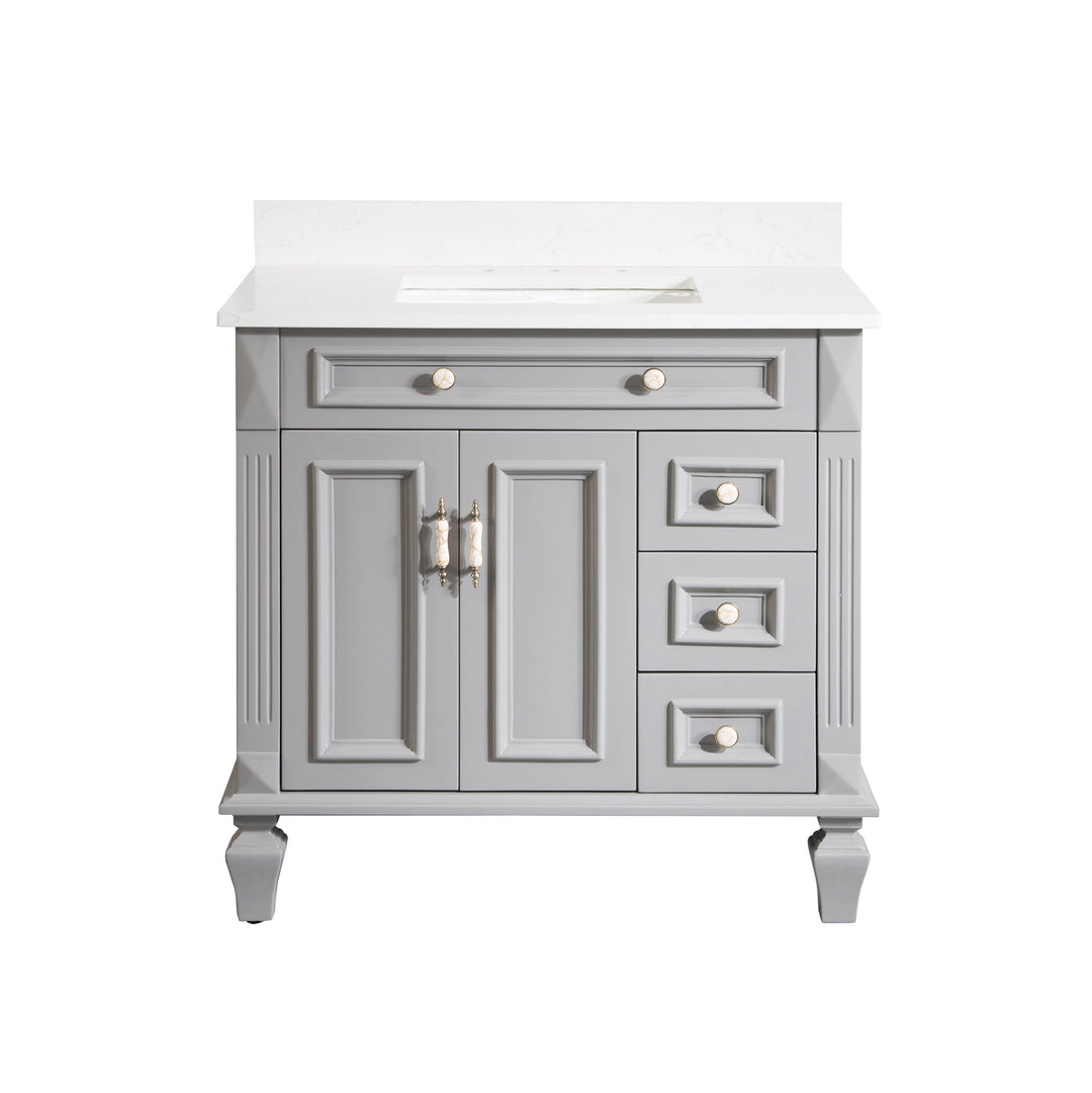 36" Titanium Grey Freestanding Solid Wood Bathroom Vanity Storage Organizer with Carrara White Quartz Countertop