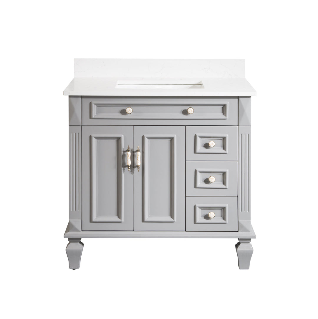 36 in. Titanium Grey Freestanding Solid Wood Bathroom Vanity Storage Organizer with Carrara White Quartz Countertop