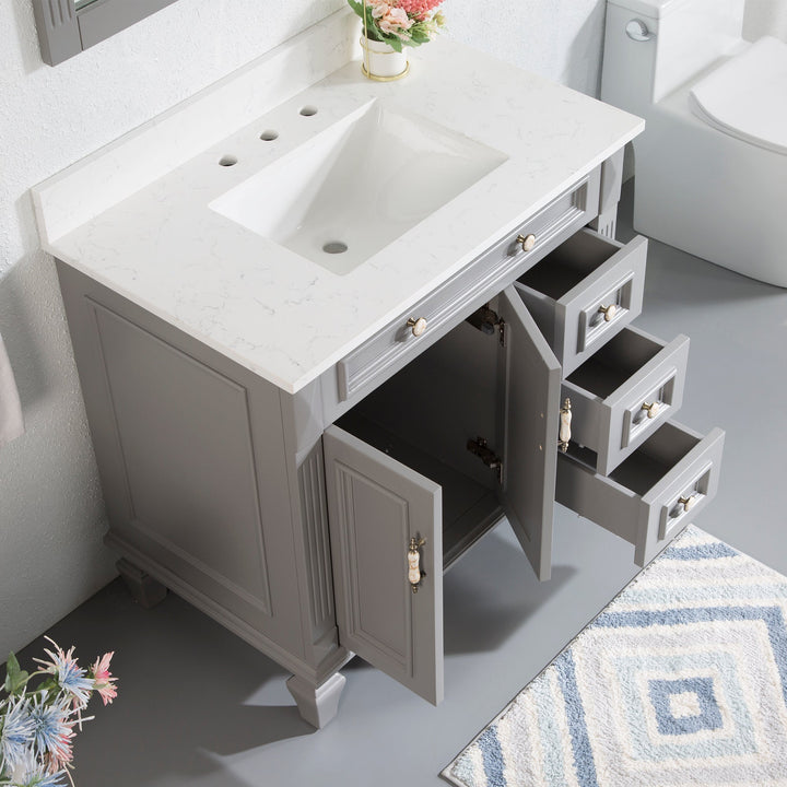 36" Titanium Grey Freestanding Solid Wood Bathroom Vanity Storage Organizer with Carrara White Quartz Countertop