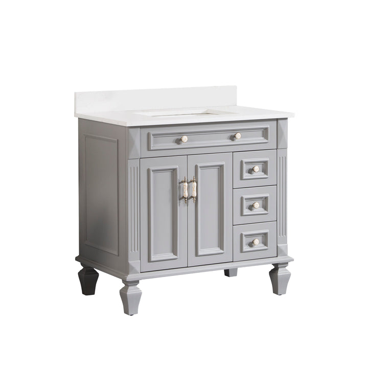 36" Titanium Grey Freestanding Solid Wood Bathroom Vanity Storage Organizer with Carrara White Quartz Countertop