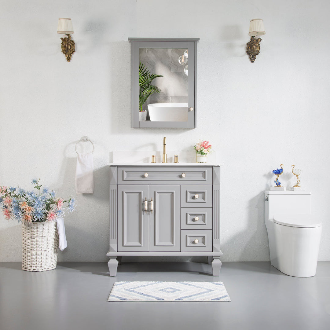 36" Titanium Grey Freestanding Solid Wood Bathroom Vanity Storage Organizer with Carrara White Quartz Countertop