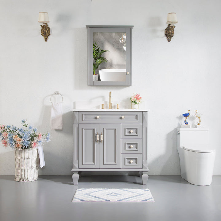 36" Titanium Grey Freestanding Solid Wood Bathroom Vanity Storage Organizer with Carrara White Quartz Countertop