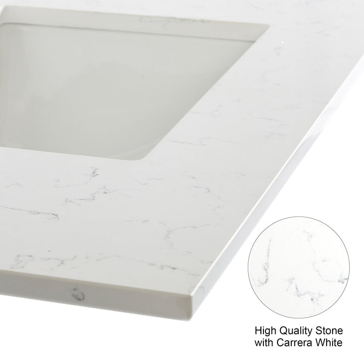 36" White Freestanding Solid Wood Bathroom Vanity Storage Organizer with Carrara White Quartz Countertop
