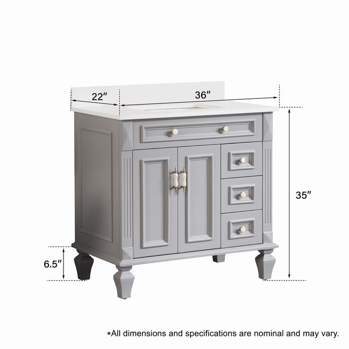 36" Titanium Grey Freestanding Solid Wood Bathroom Vanity Storage Organizer with Carrara White Quartz Countertop