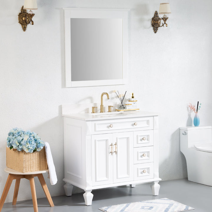 36" White Freestanding Solid Wood Bathroom Vanity Storage Organizer with Carrara White Quartz Countertop