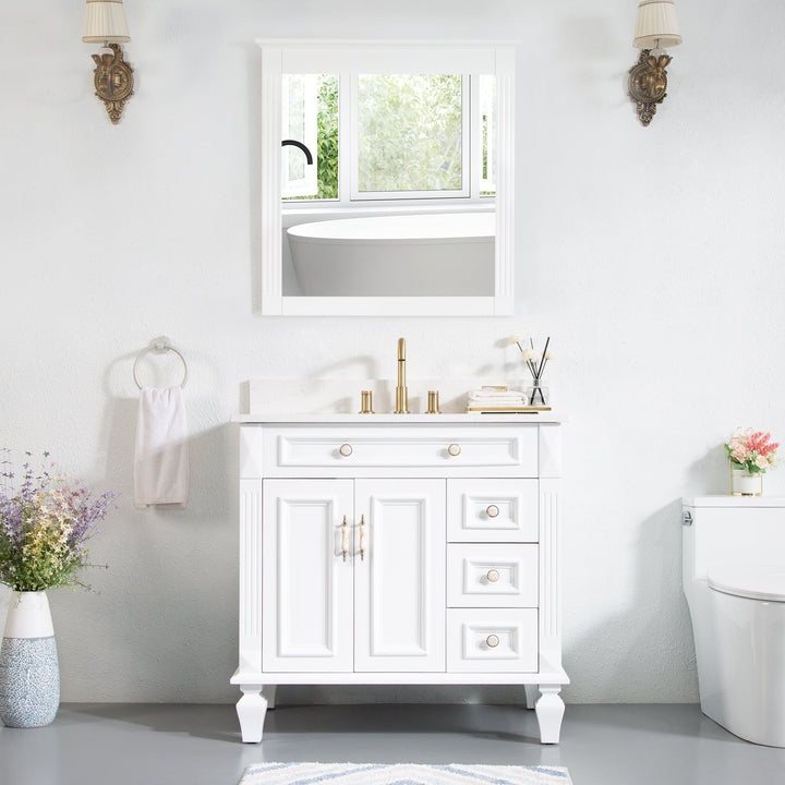 36" White Freestanding Solid Wood Bathroom Vanity Storage Organizer with Carrara White Quartz Countertop