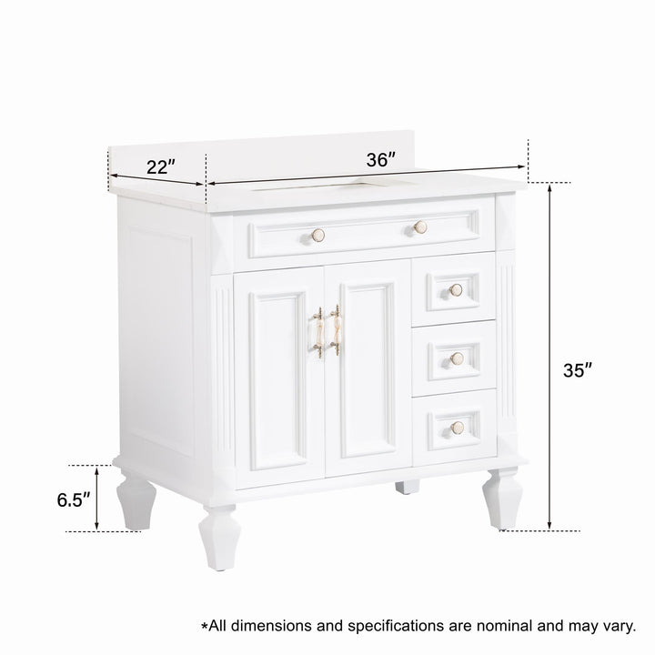 36" White Freestanding Solid Wood Bathroom Vanity Storage Organizer with Carrara White Quartz Countertop
