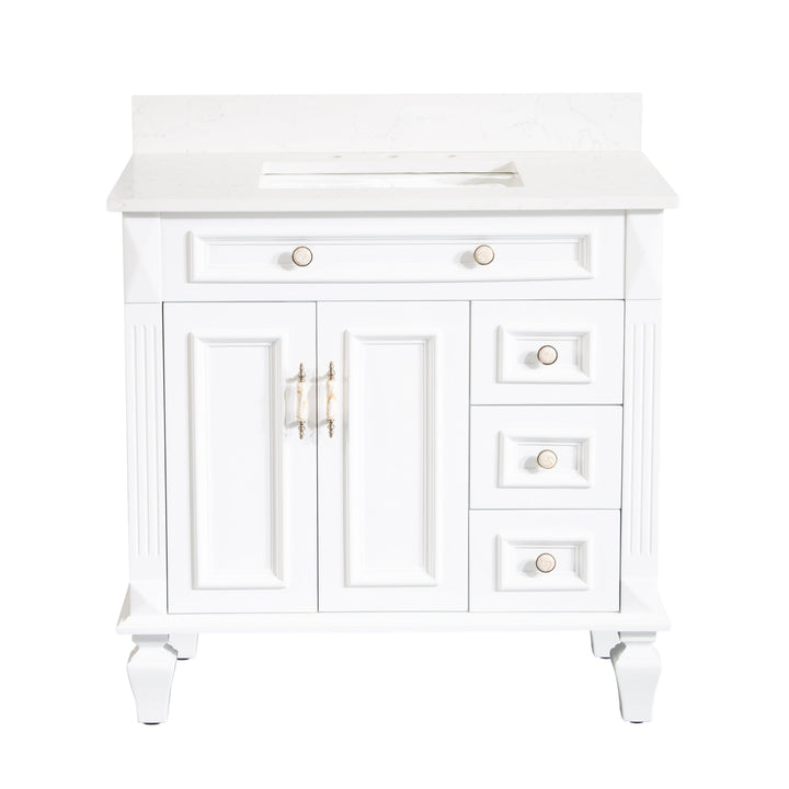 36" White Freestanding Solid Wood Bathroom Vanity Storage Organizer with Carrara White Quartz Countertop