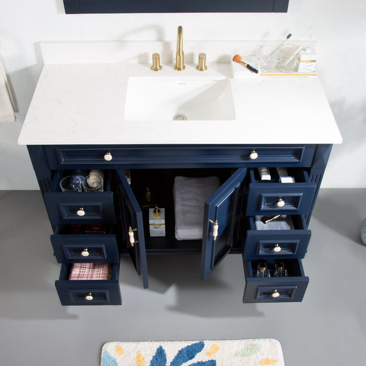 48" Navy Blue Single Sink Freestanding Solid Wood Bathroom Vanity Storage Organizer with Carrara White Quartz Countertop