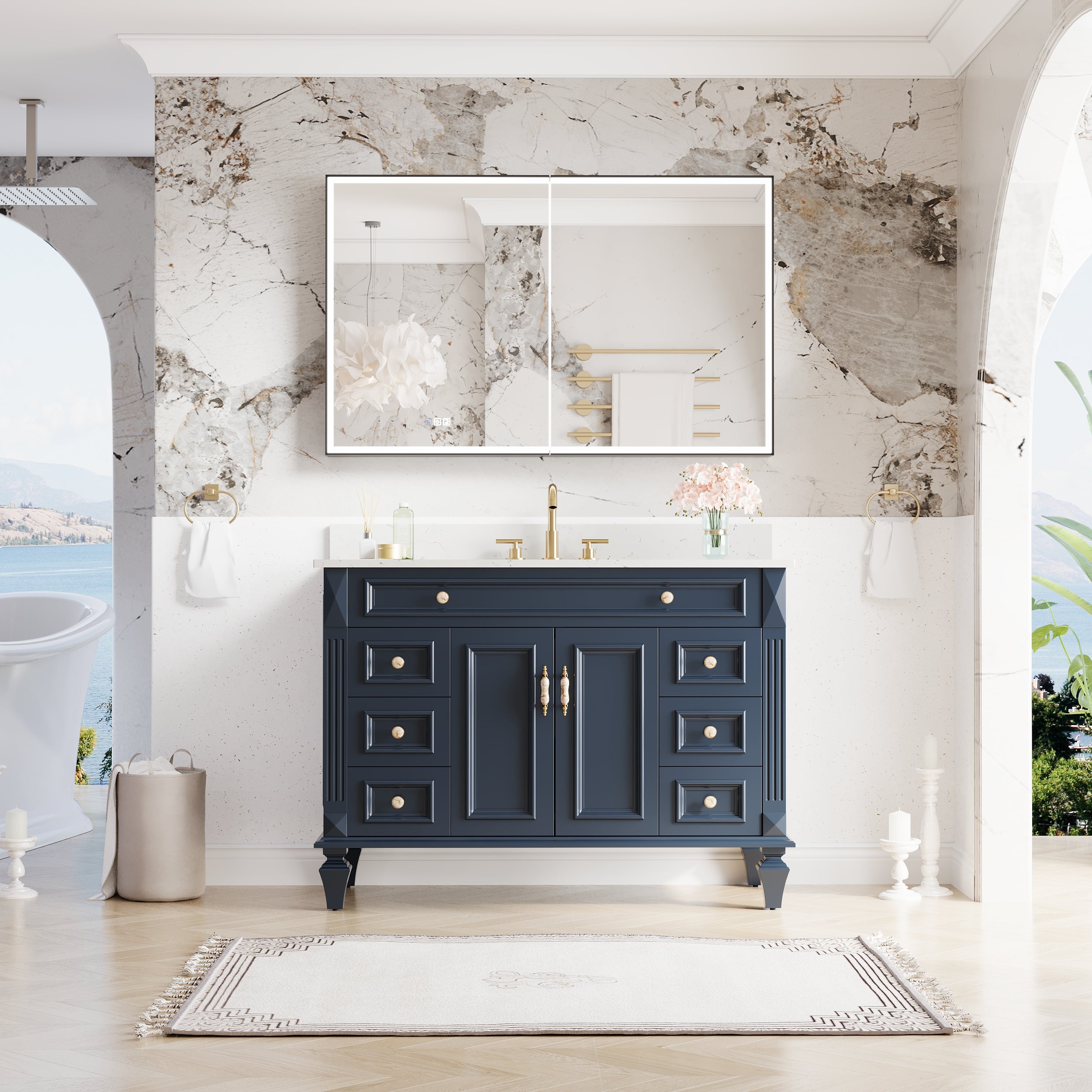 48" Navy Blue Solid Wood Bathroom Vanity & 48" LED Mirror Medicine Cabinet Combo