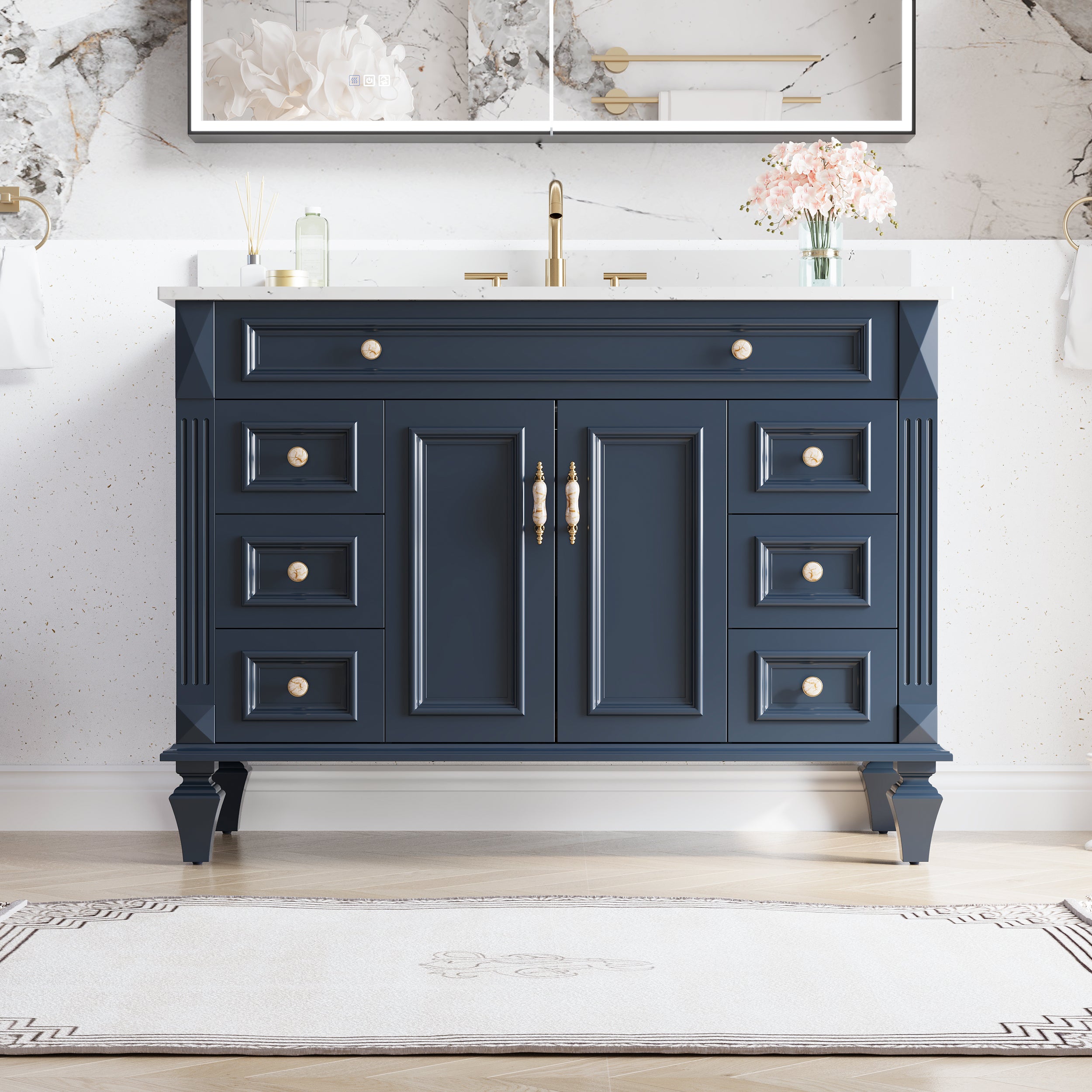 48" Navy Blue Solid Wood Bathroom Vanity & 48" LED Mirror Medicine Cabinet Combo