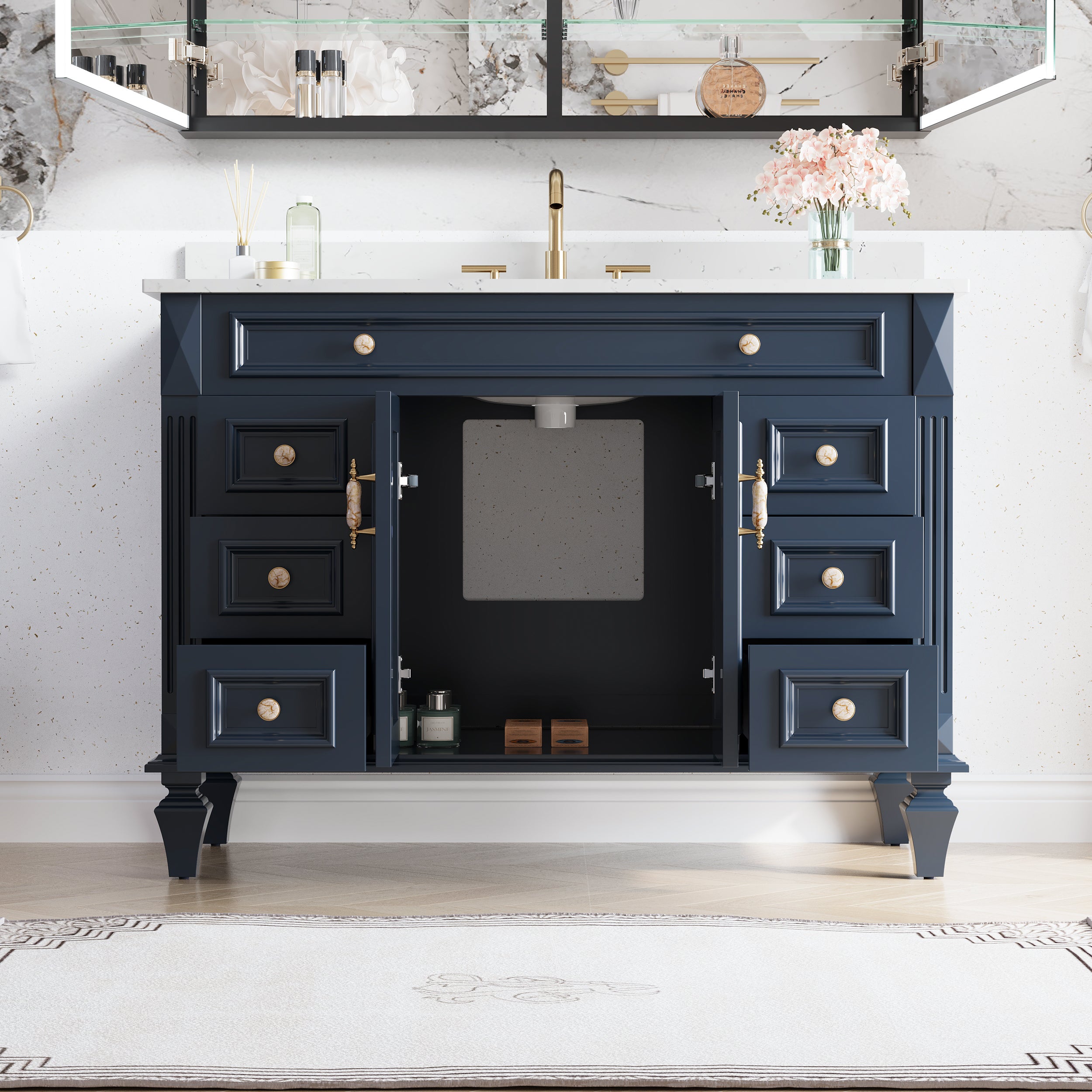 48" Navy Blue Solid Wood Bathroom Vanity & 48" LED Mirror Medicine Cabinet Combo
