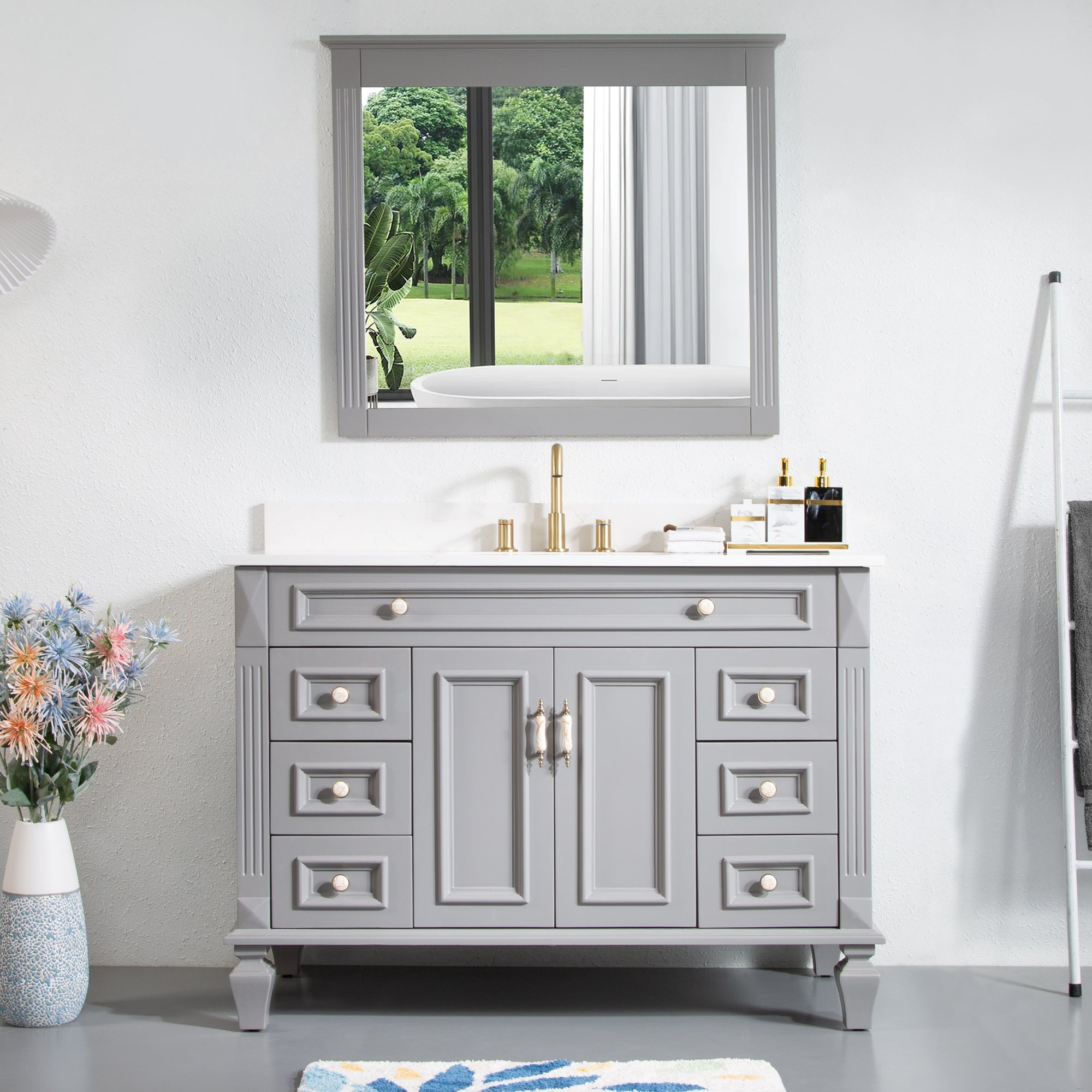 48 in. Titanium Grey Single Sink Freestanding Solid Wood Bathroom Vanity Storage Organizer with Carrara White Quartz Countertop