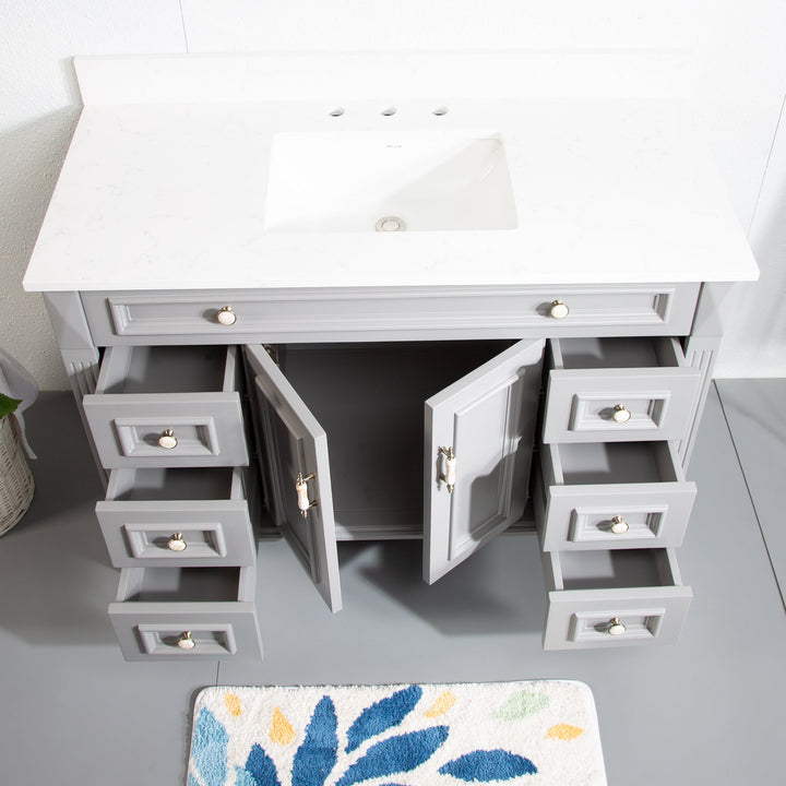 48" Titanium Grey Single Sink Freestanding Solid Wood Bathroom Vanity Storage Organizer with Carrara White Quartz Countertop