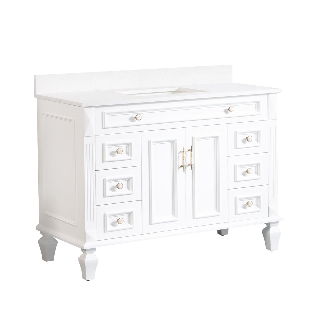 48" White Single Sink Freestanding Solid Wood Bathroom Vanity Storage Organizer with Carrara White Quartz Countertop
