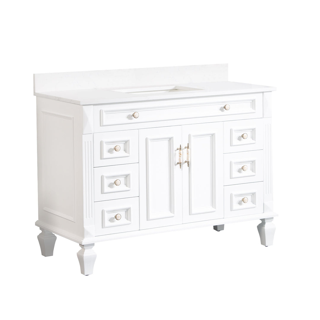 48 in. White Single Sink Freestanding Solid Wood Bathroom Vanity Storage Organizer with Carrara White Quartz Countertop