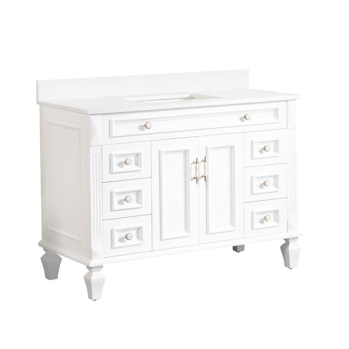 48" White Single Sink Freestanding Solid Wood Bathroom Vanity Storage Organizer with Carrara White Quartz Countertop
