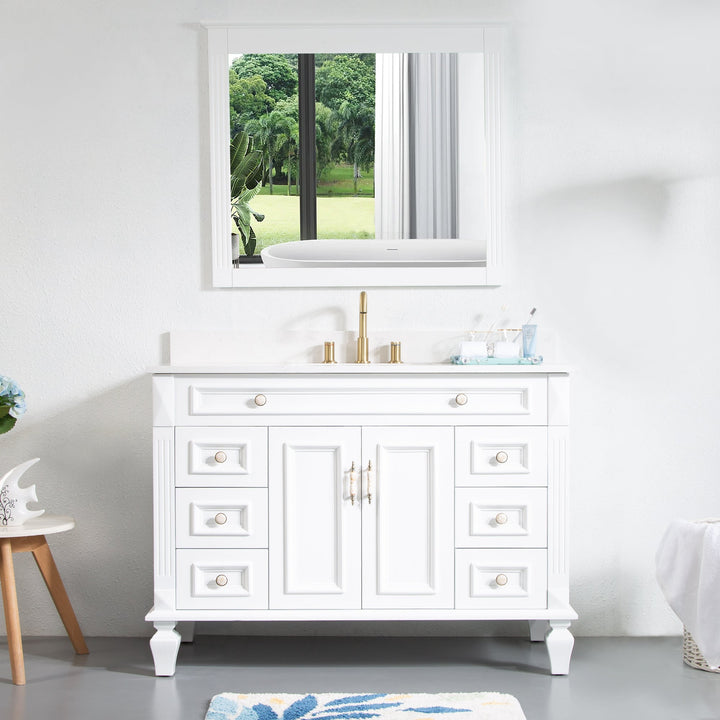 48" White Single Sink Freestanding Solid Wood Bathroom Vanity Storage Organizer with Carrara White Quartz Countertop
