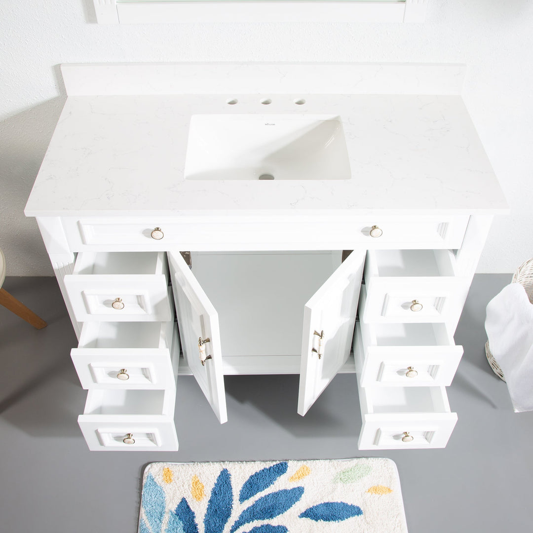 48" White Single Sink Freestanding Solid Wood Bathroom Vanity Storage Organizer with Carrara White Quartz Countertop